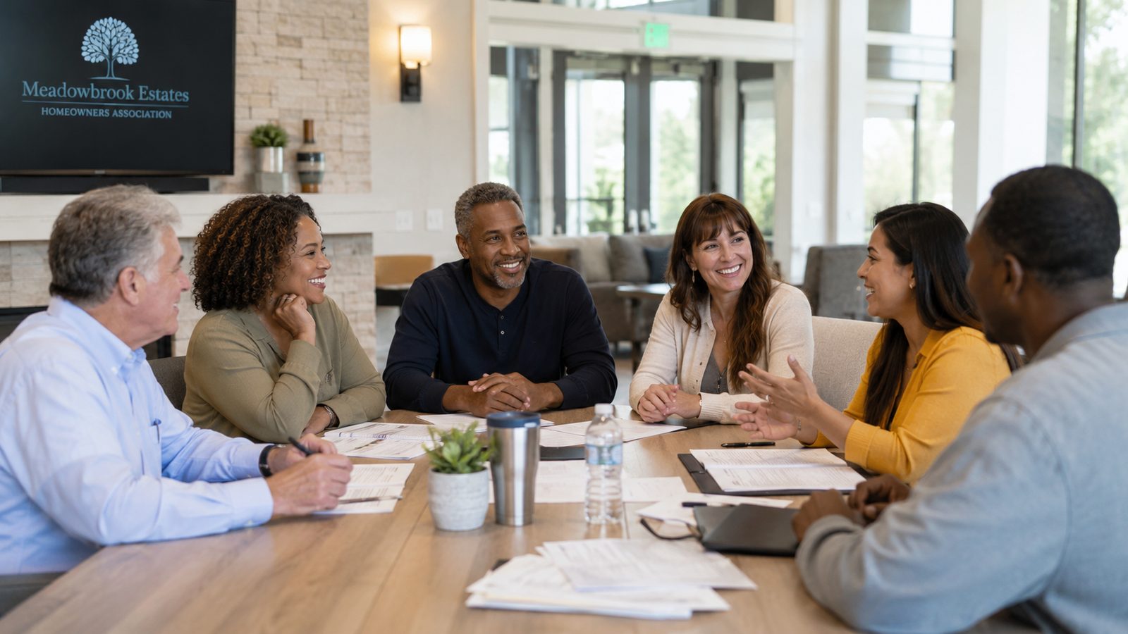 A homeowners association board meeting around a boardroom table