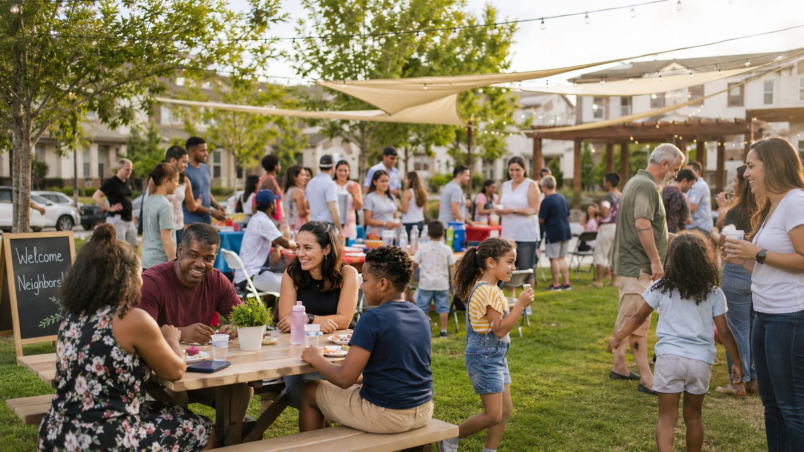 Neighbours of all ages gathered at long tables under a shaded pergola