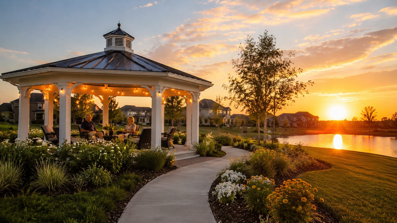 A lit gazebo beside water at sunset