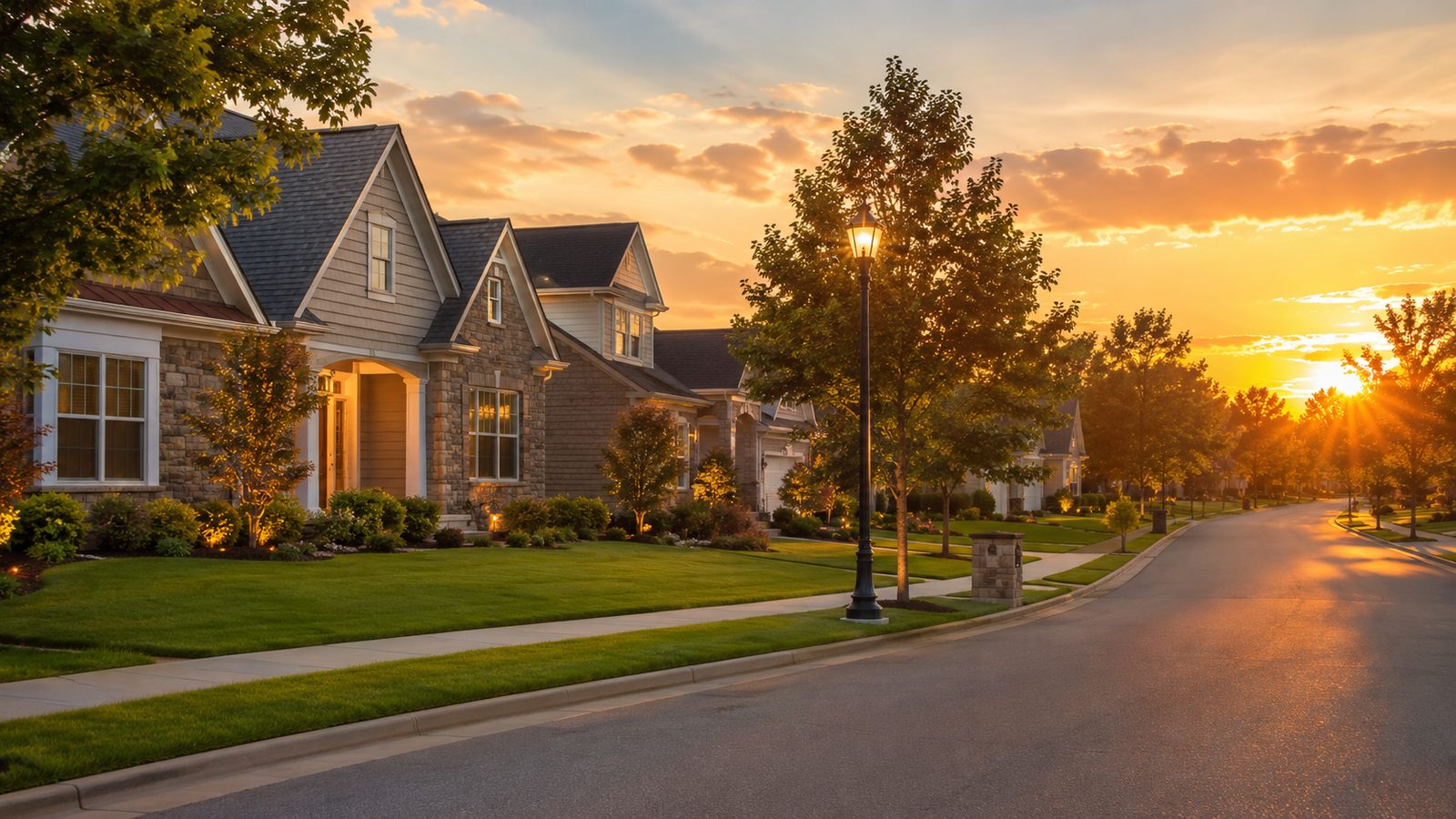 A Florida residential street at sunset, homes set back behind lawns