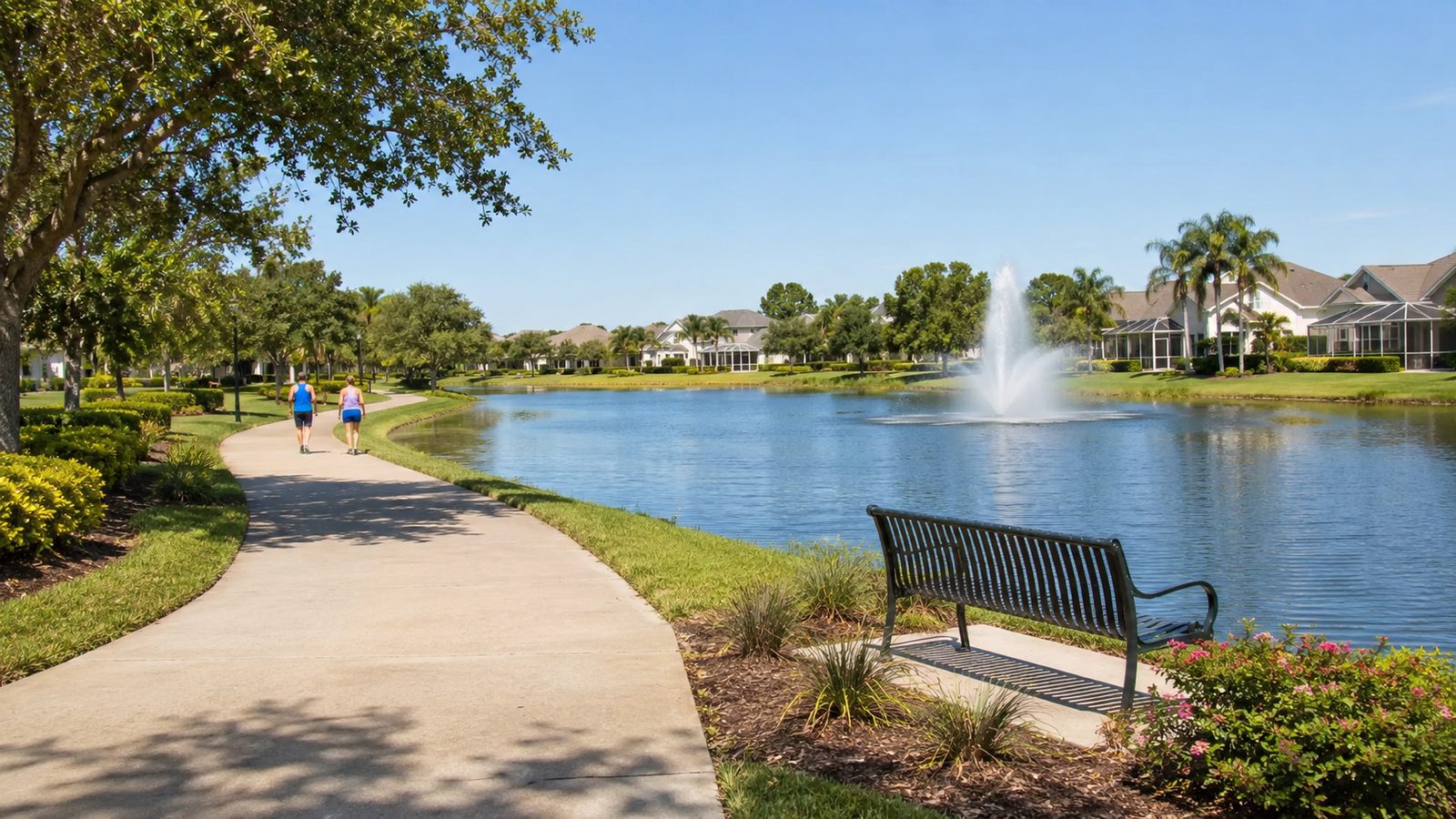 A lake with a fountain, a walking path and a bench along the bank