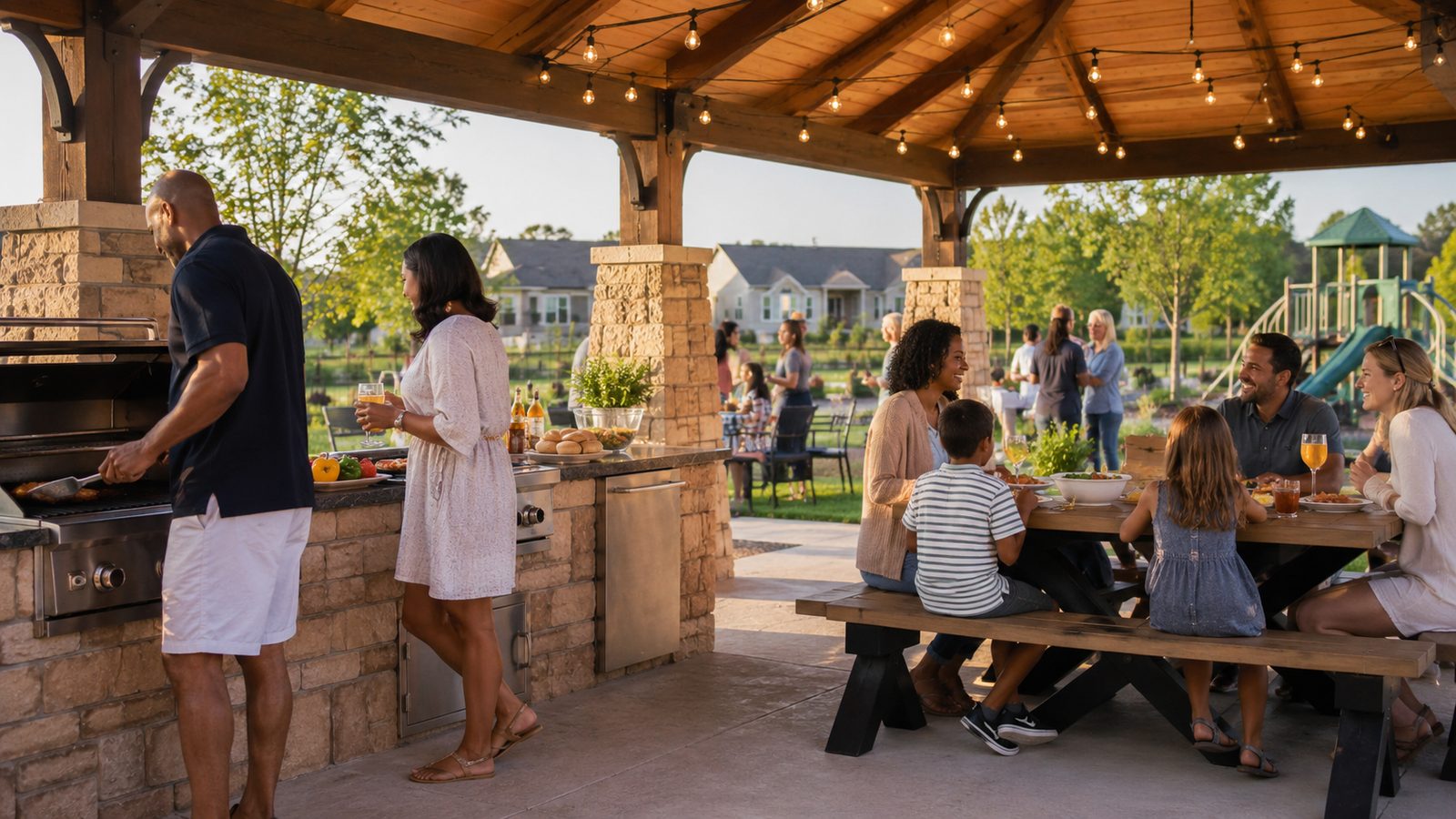 Residents cooking and eating together at an outdoor pavilion