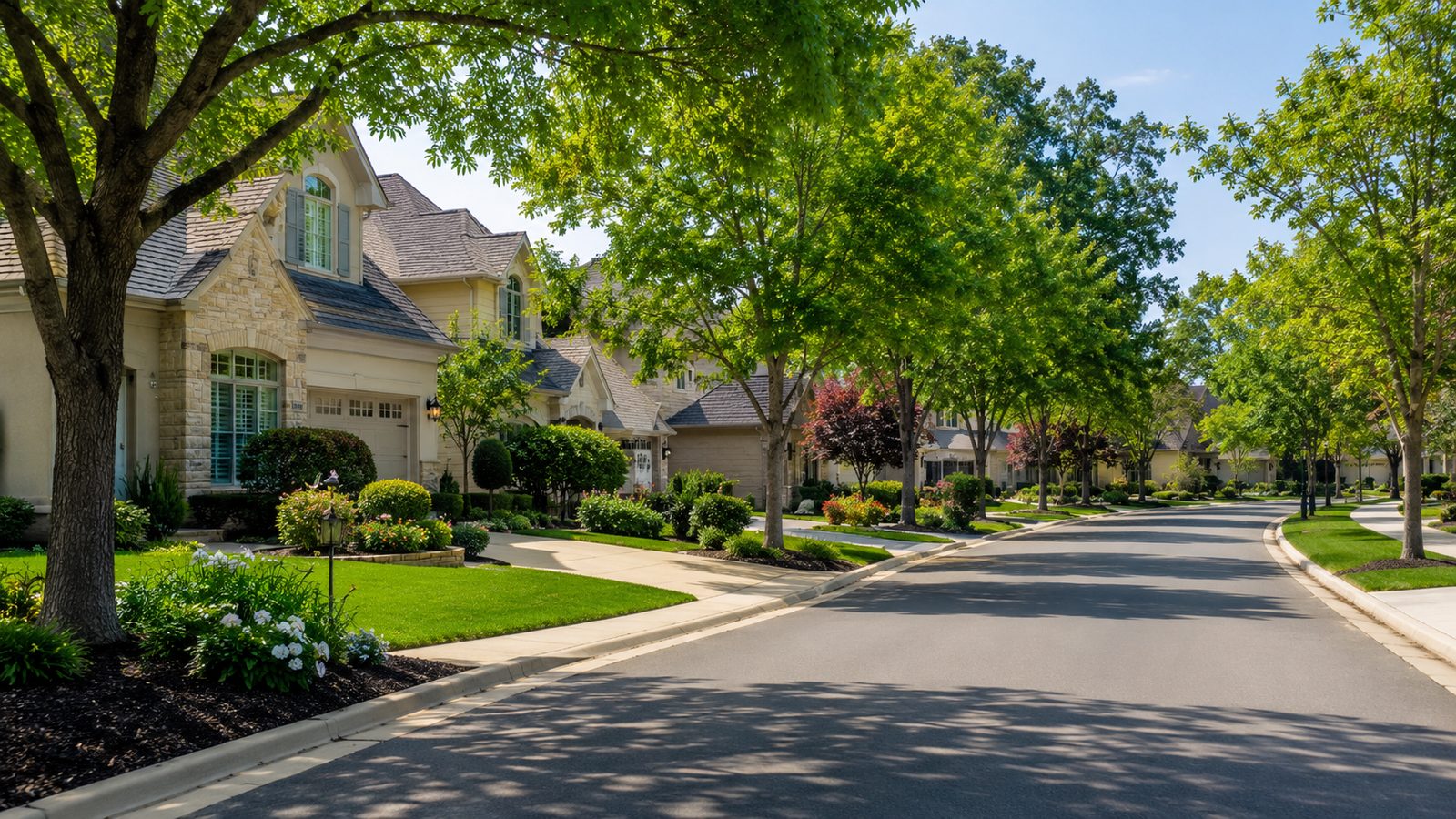 A quiet residential street of single family homes lined with mature trees