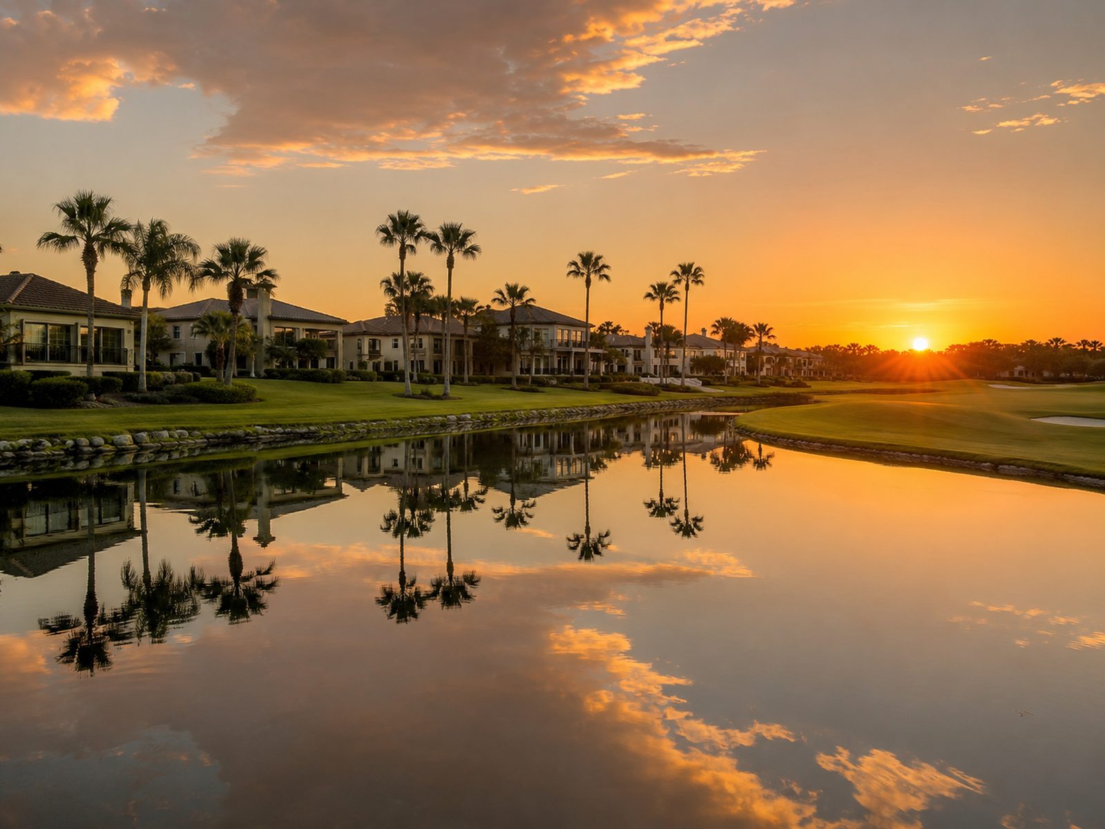 Palms mirrored in still water at sunset