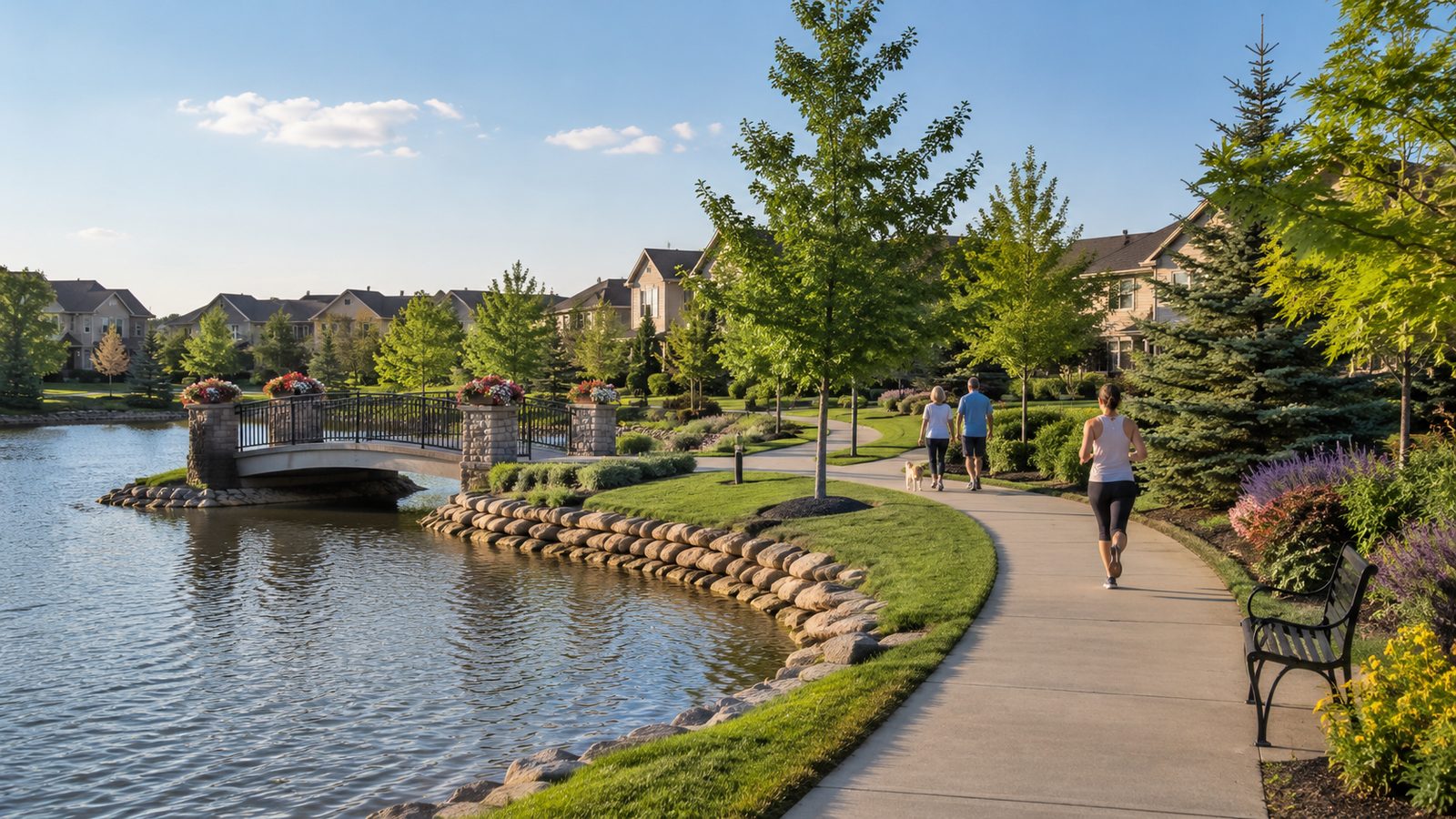 A waterway winding past homes, with a footbridge and a walking path